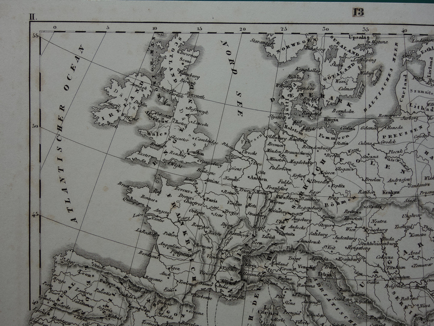 Antieke kaart van EUROPA tijdens kruistochten 175+ jaar oude landkaart van continent uit 1849 - originele vintage historische kaarten