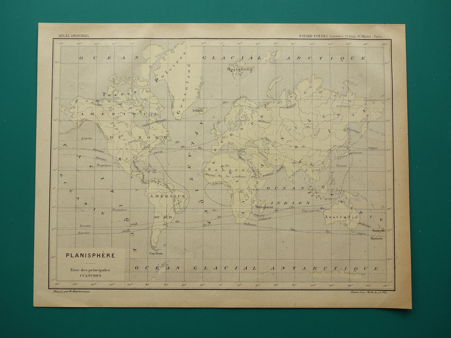 Oude thematische wereldkaart over Gewassen originele antieke Franse kaart Verspreiding Gewassen