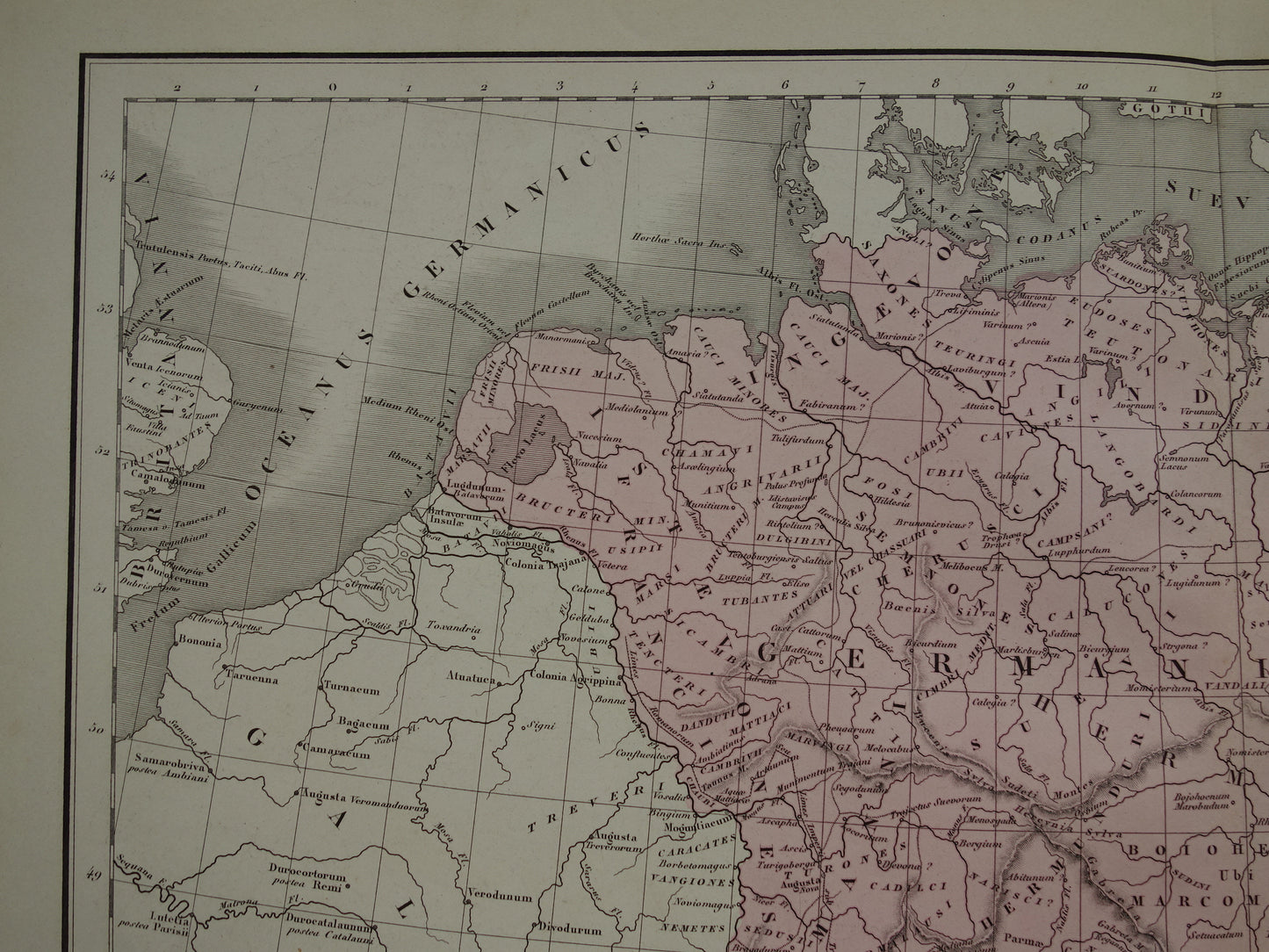 Oude landkaart van Germanië Duitsland in klassieke oudheid / Romeinse tijd originele antieke kaart Germanen Limes uit 1859