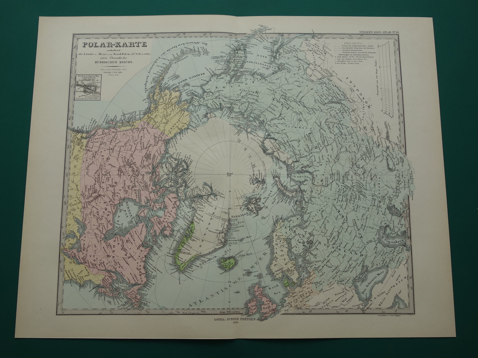 NOORDPOOL oude landkaart van het Noordpoolgebied 1878 originele antieke Duitse kaart van de Arctische regio Groenland poolexpedities