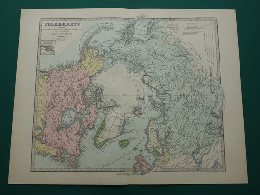 NOORDPOOL oude landkaart van het Noordpoolgebied 1878 originele antieke Duitse kaart van de Arctische regio Groenland poolexpedities