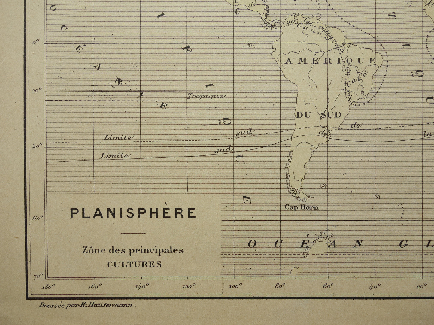 Oude thematische wereldkaart over Gewassen originele antieke Franse kaart Verspreiding Gewassen