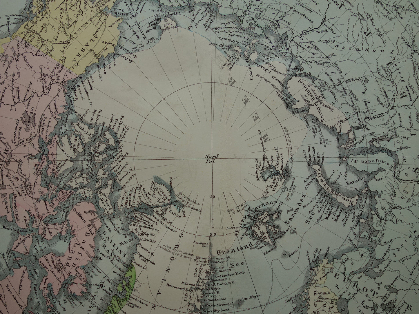 NOORDPOOL oude landkaart van het Noordpoolgebied 1878 originele antieke Duitse kaart van de Arctische regio Groenland poolexpedities