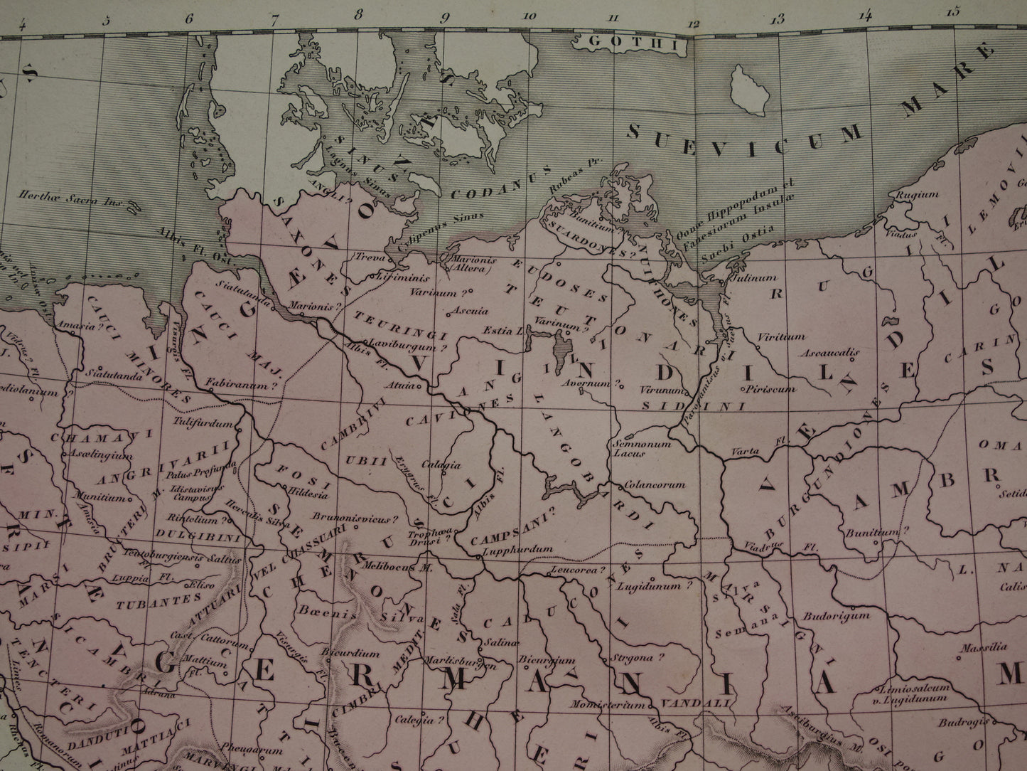 Oude landkaart van Germanië Duitsland in klassieke oudheid / Romeinse tijd originele antieke kaart Germanen Limes uit 1859