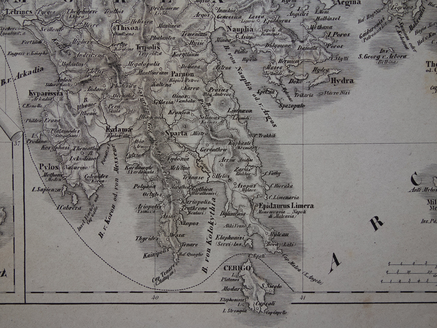 Oude landkaart van Griekenland uit 1849 historische kaart Griekenland z/w