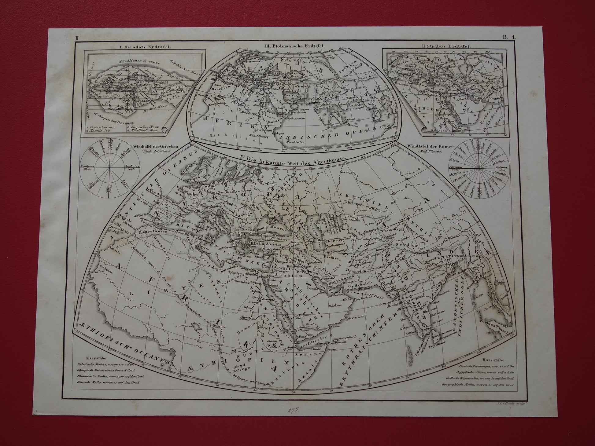 Antieke historische WERELDKAARTEN 1849 oude print met kaart van Strabo Ptolemaeus Herodotus van de wereld in de klassieke oudheid