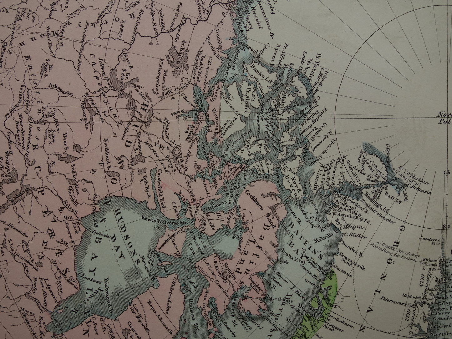 NOORDPOOL oude landkaart van het Noordpoolgebied 1878 originele antieke Duitse kaart van de Arctische regio Groenland poolexpedities