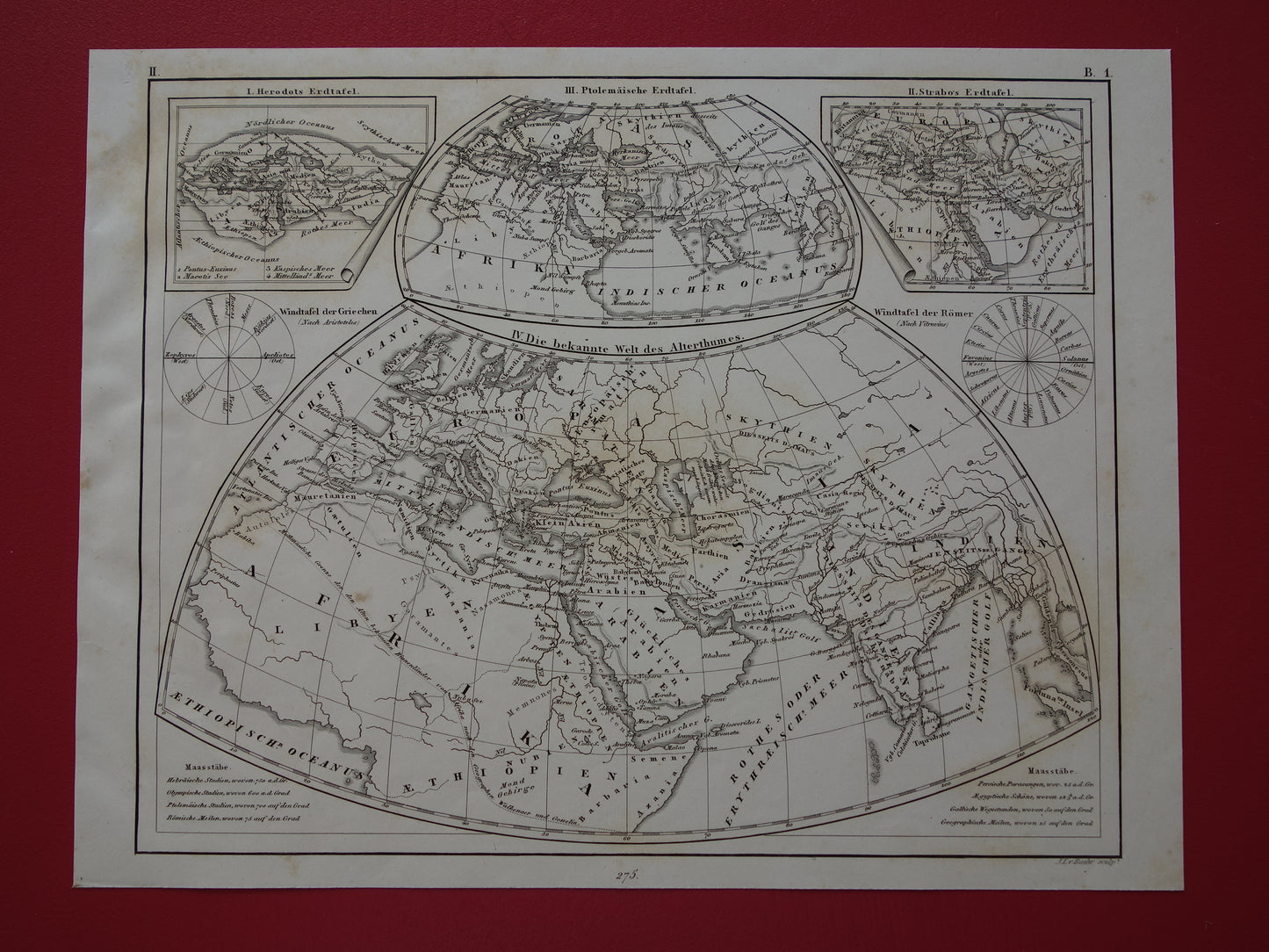 Antieke historische WERELDKAARTEN 1849 oude print met kaart van Strabo Ptolemaeus Herodotus van de wereld in de klassieke oudheid