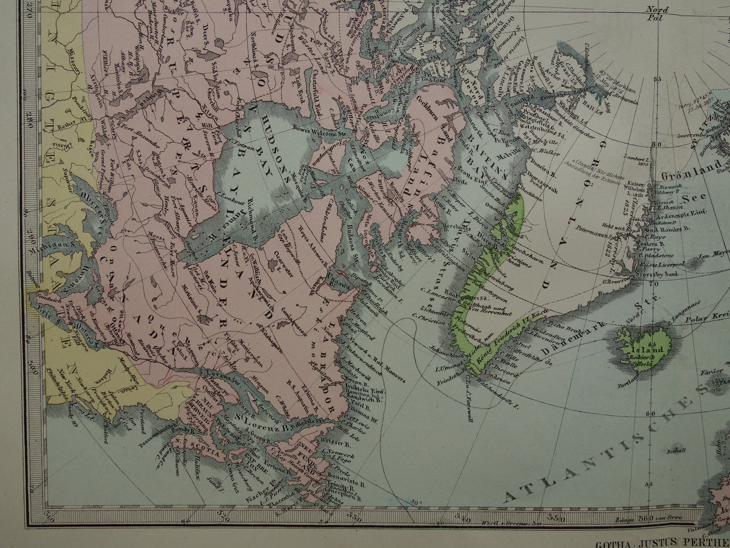 NOORDPOOL oude landkaart van het Noordpoolgebied 1878 originele antieke Duitse kaart van de Arctische regio Groenland poolexpedities