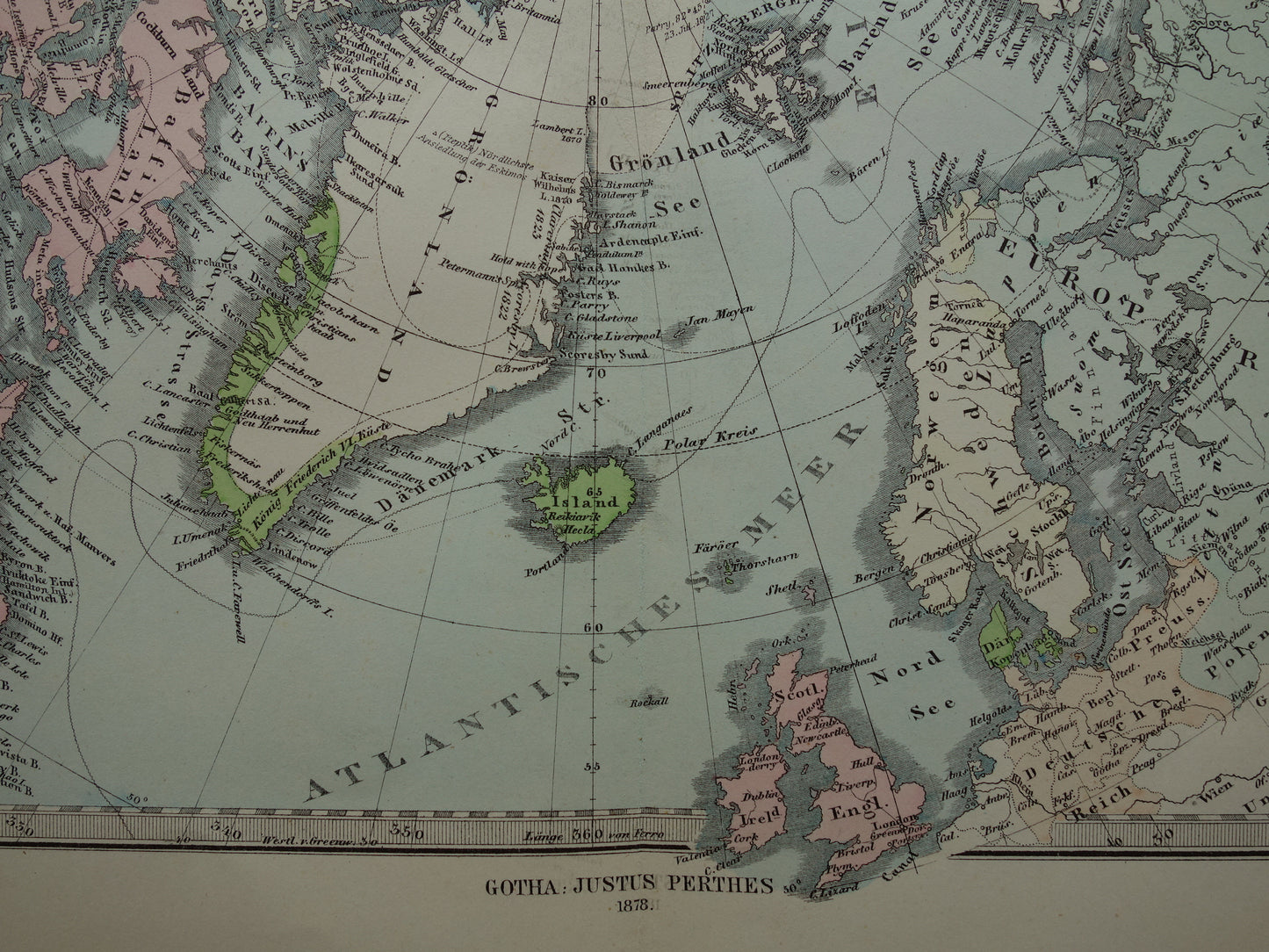 NOORDPOOL oude landkaart van het Noordpoolgebied 1878 originele antieke Duitse kaart van de Arctische regio Groenland poolexpedities