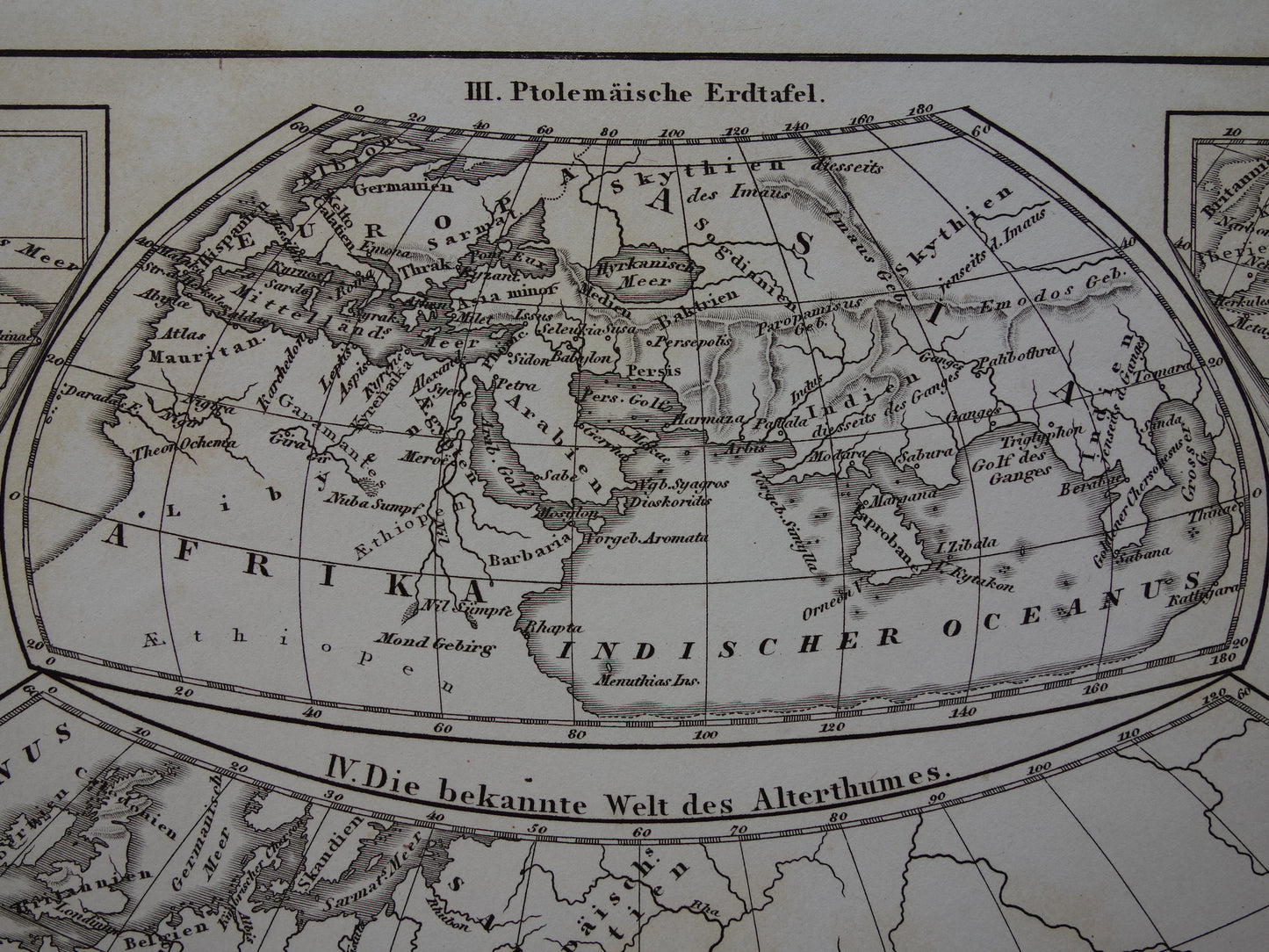 Antieke historische WERELDKAARTEN 1849 oude print met kaart van Strabo Ptolemaeus Herodotus van de wereld in de klassieke oudheid