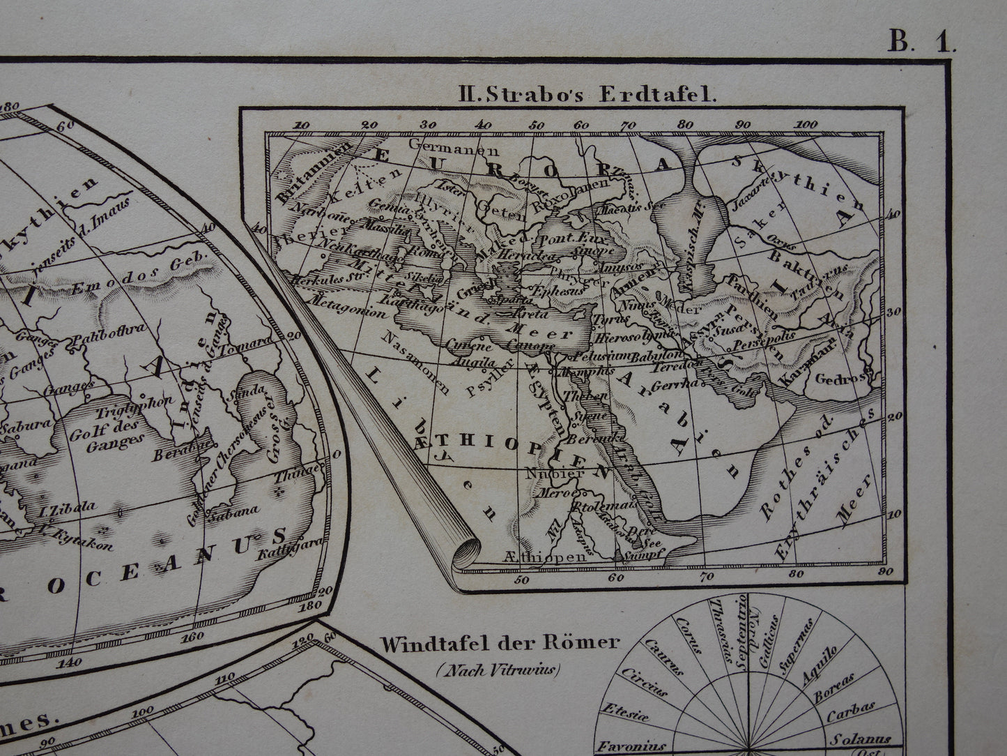 Antieke historische WERELDKAARTEN 1849 oude print met kaart van Strabo Ptolemaeus Herodotus van de wereld in de klassieke oudheid