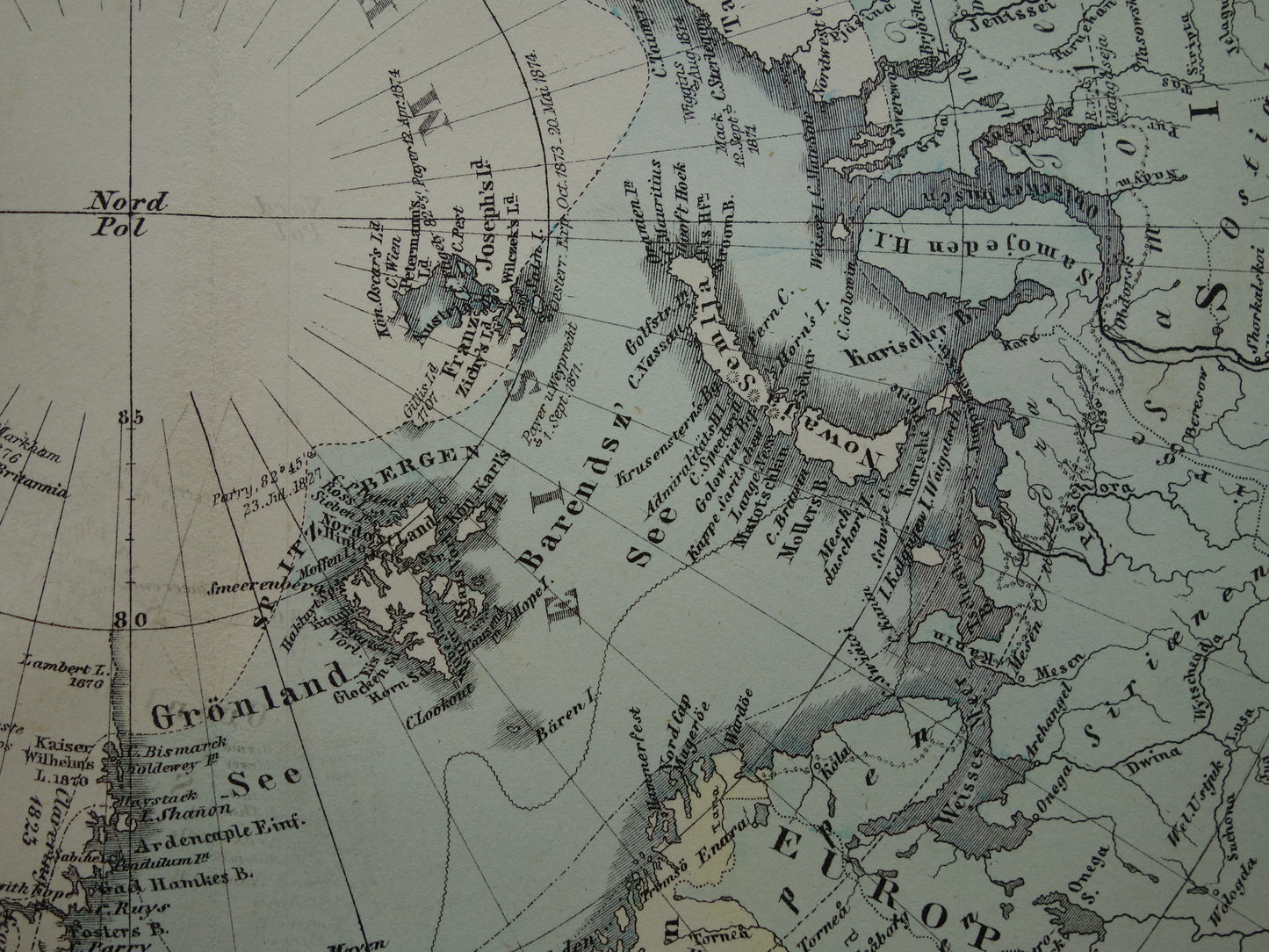 NOORDPOOL oude landkaart van het Noordpoolgebied 1878 originele antieke Duitse kaart van de Arctische regio Groenland poolexpedities