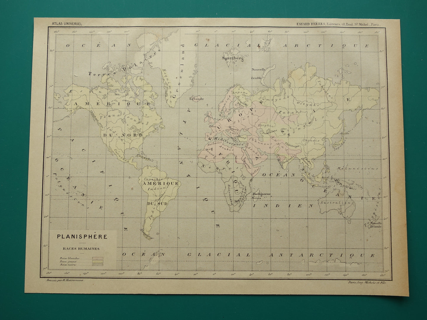 Originale alte anthropologische Weltkarte der Menschenrassen, 1896, originale antike französische handkolorierte Karte
