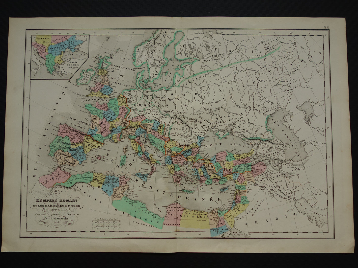 Romeinse Rijk oude kaart uit 1859 van het Romeinse Rijk in de 4e eeuw na Chr. - originele antieke landkaart