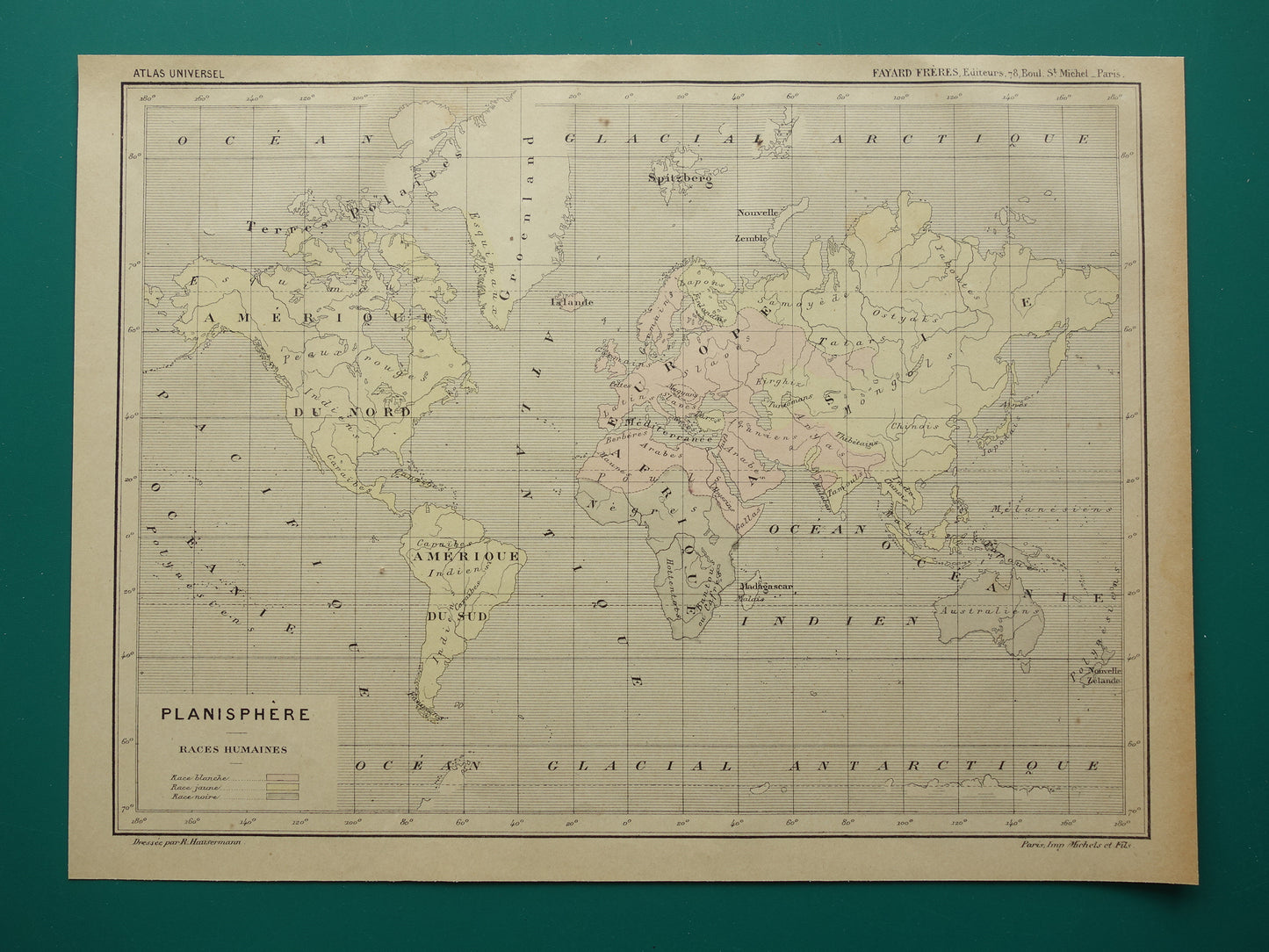 Originale alte anthropologische Weltkarte der Menschenrassen, 1896, originale antike französische handkolorierte Karte