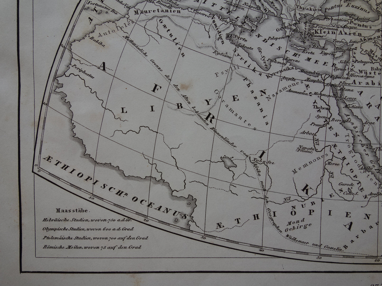 Antieke historische WERELDKAARTEN 1849 oude print met kaart van Strabo Ptolemaeus Herodotus van de wereld in de klassieke oudheid