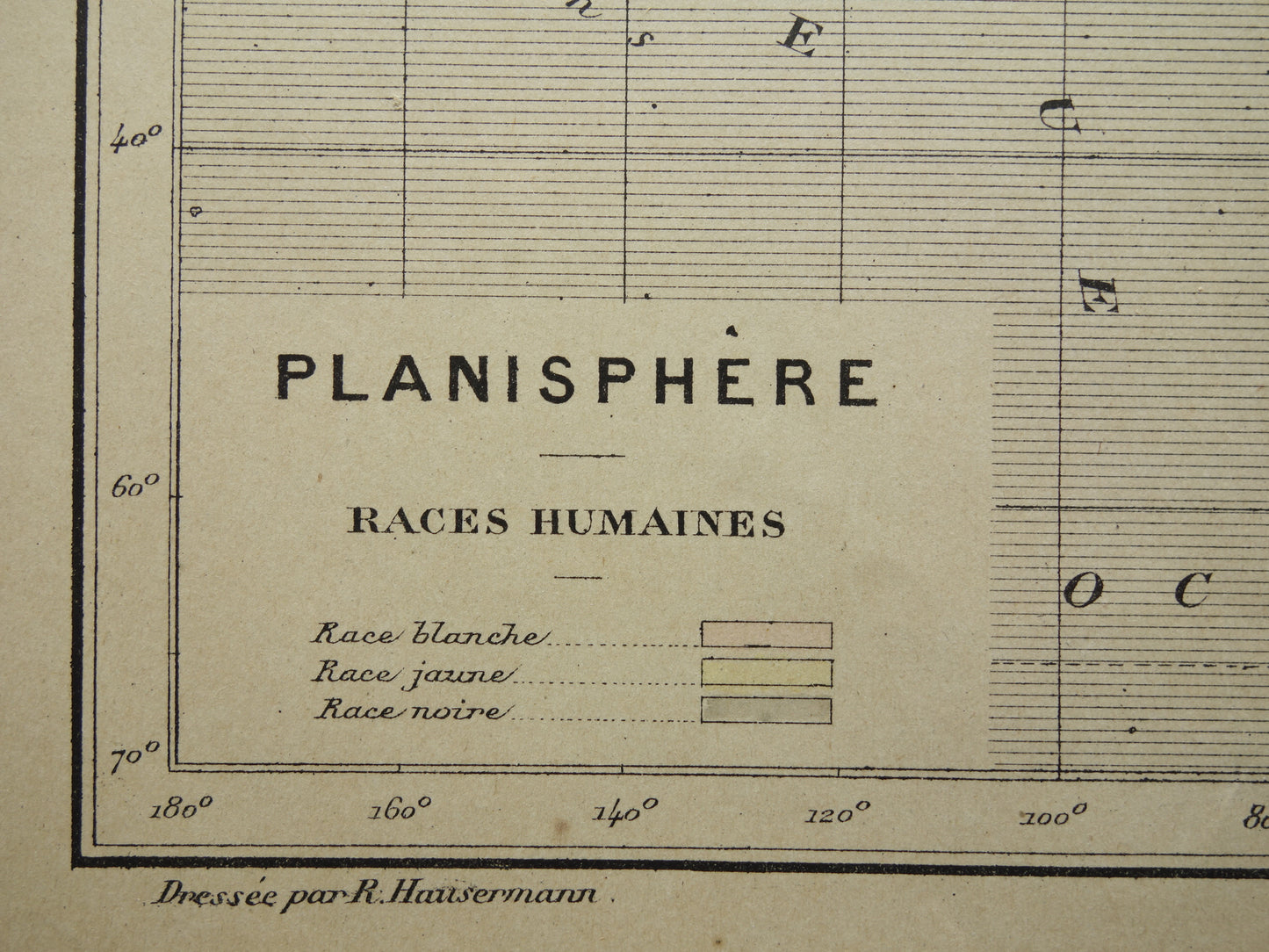 Originale alte anthropologische Weltkarte der Menschenrassen, 1896, originale antike französische handkolorierte Karte