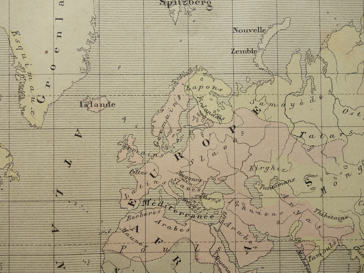 Originale alte anthropologische Weltkarte der Menschenrassen, 1896, originale antike französische handkolorierte Karte