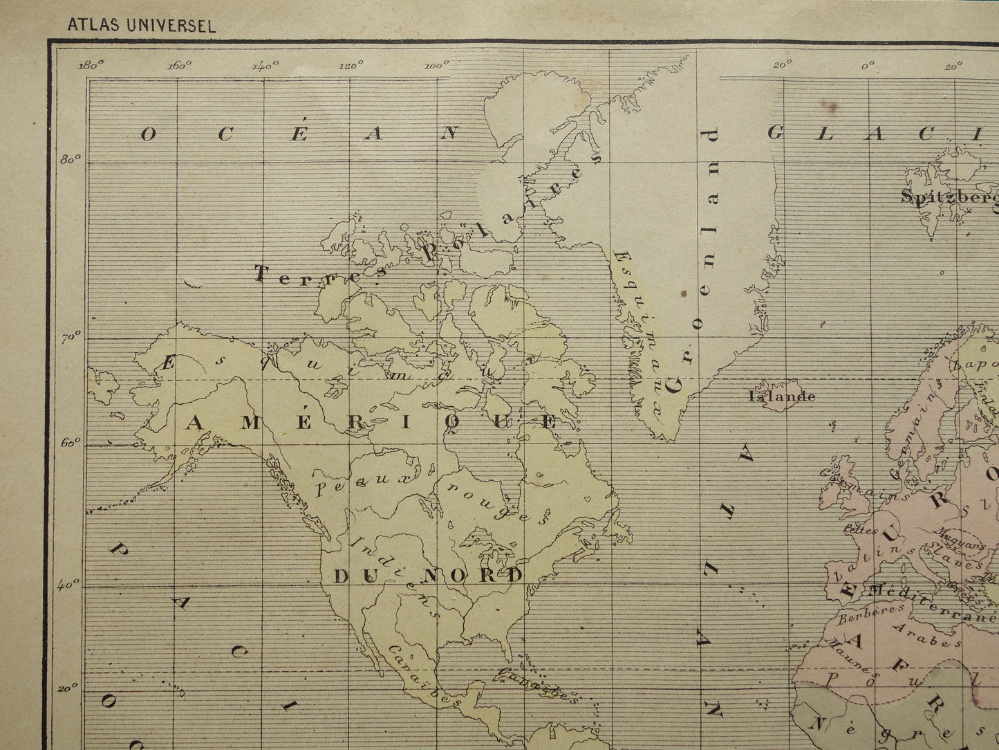 Originale alte anthropologische Weltkarte der Menschenrassen, 1896, originale antike französische handkolorierte Karte
