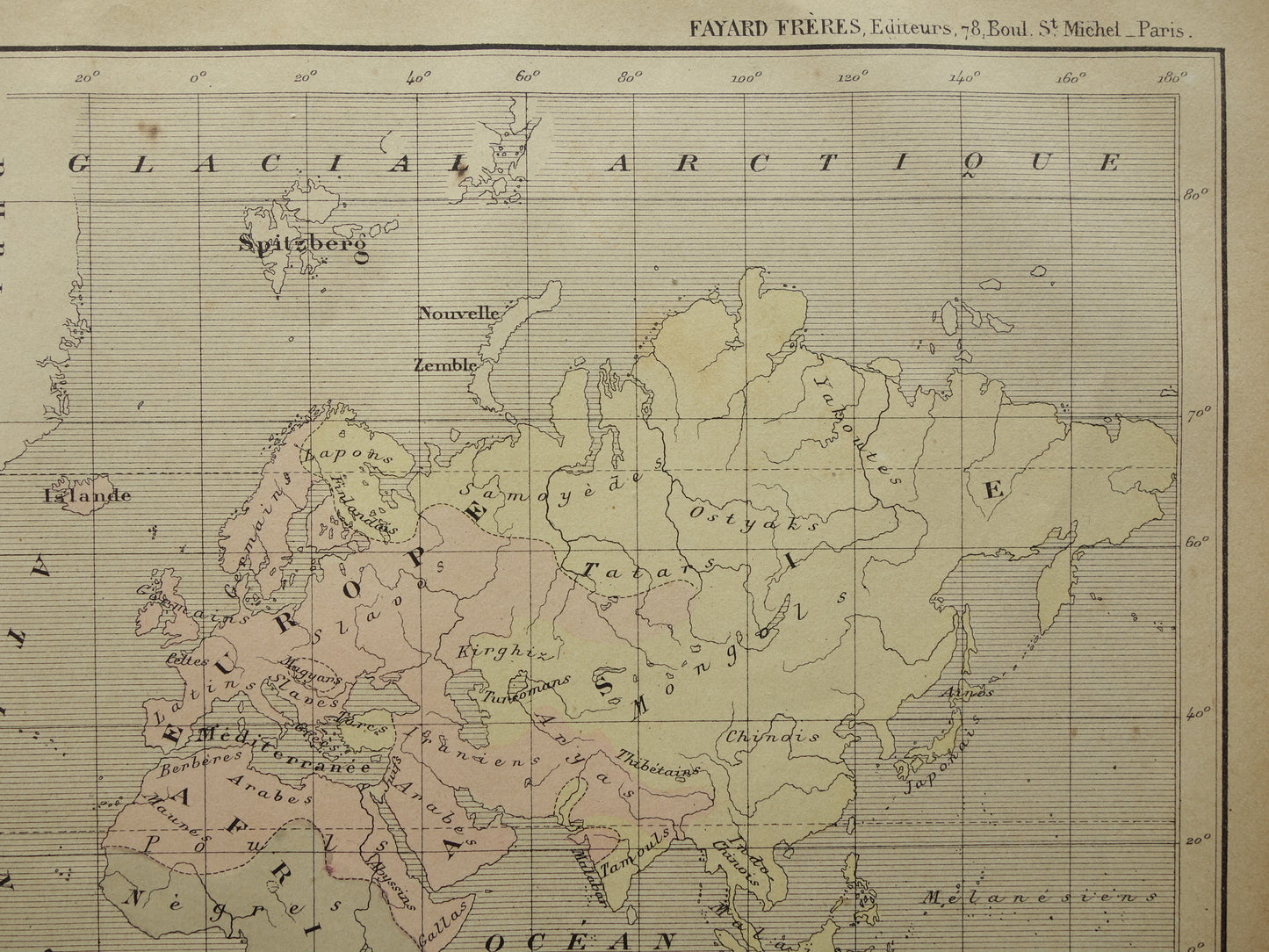 Originale alte anthropologische Weltkarte der Menschenrassen, 1896, originale antike französische handkolorierte Karte