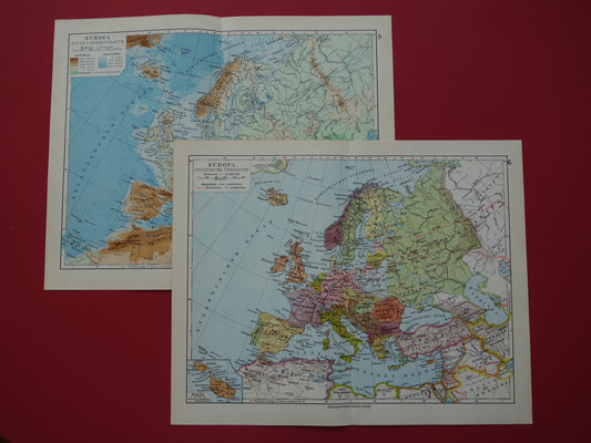 EUROPA Vintage landkaart van Europa uit 1928 set van 2 originele oude kaarten Europa hoogtekaart en politieke kaart