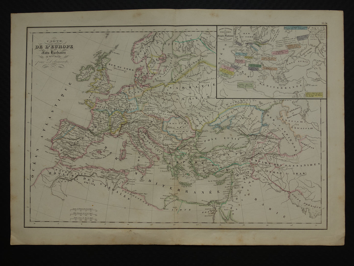 Oude kaart van de grote volksverhuizing in Europa tijdens 6e eeuw n. Chr. Antieke landkaart val van het (west) Romeinse Rijk - invasie barbaren