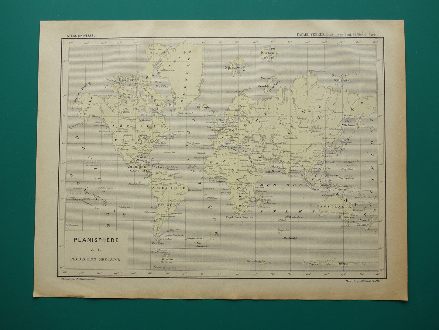 WERELDKAART oude kaart van de wereld originele antieke Franse kaart Mercatorprojectie