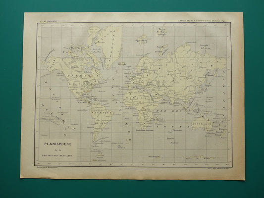 WERELDKAART oude kaart van de wereld originele antieke Franse kaart Mercatorprojectie
