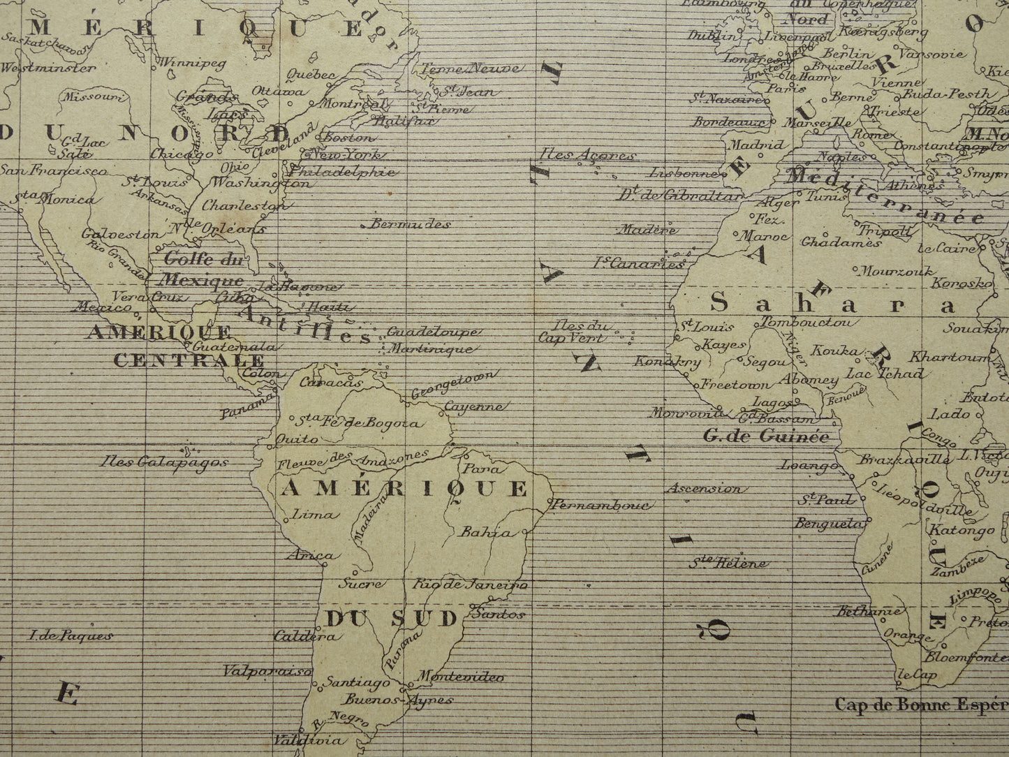 WERELDKAART oude kaart van de wereld originele antieke Franse kaart Mercatorprojectie