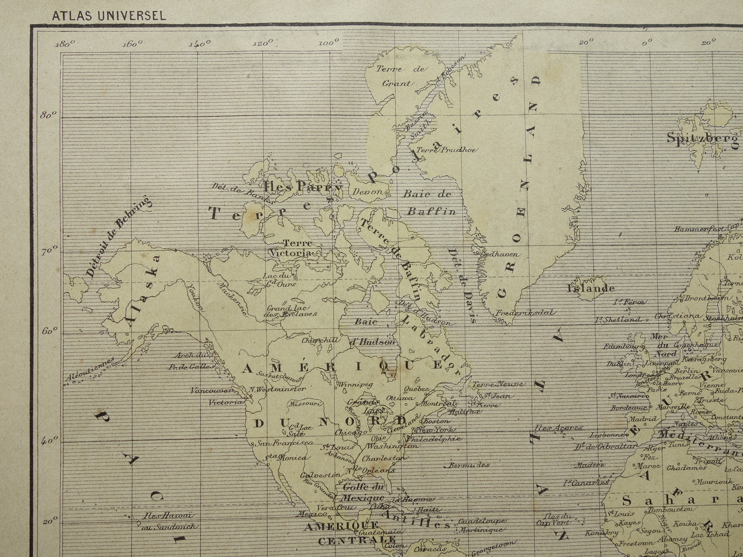WERELDKAART oude kaart van de wereld originele antieke Franse kaart Mercatorprojectie