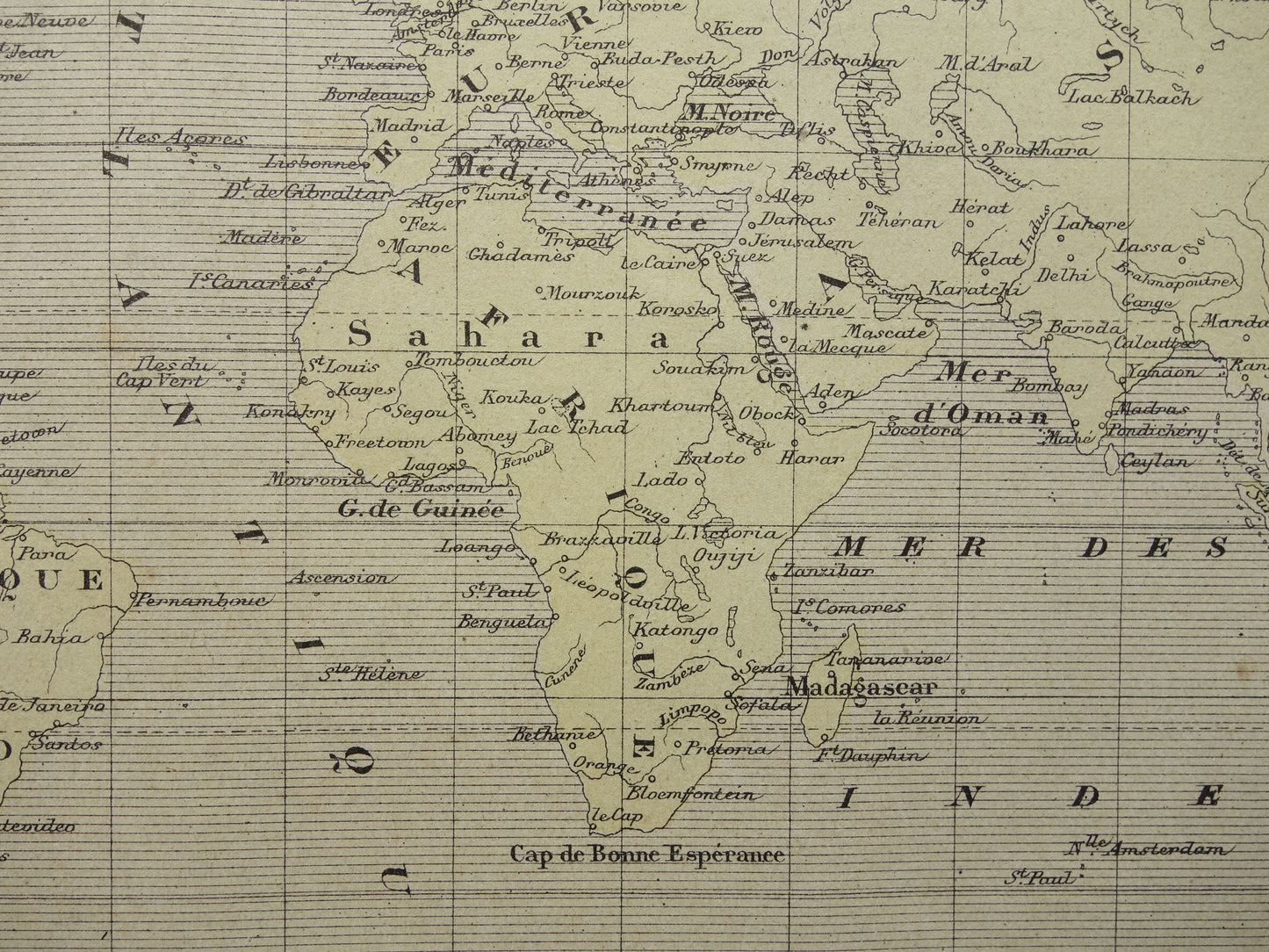 WERELDKAART oude kaart van de wereld originele antieke Franse kaart Mercatorprojectie