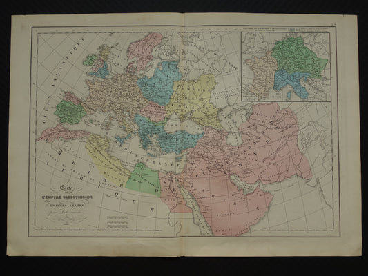 Oude kaart van het Karolingische en Arabische Rijk / Originele antieke landkaart Europa Midden-Oosten Noord-Afrika in 7e & 8e eeuw n. Chr.