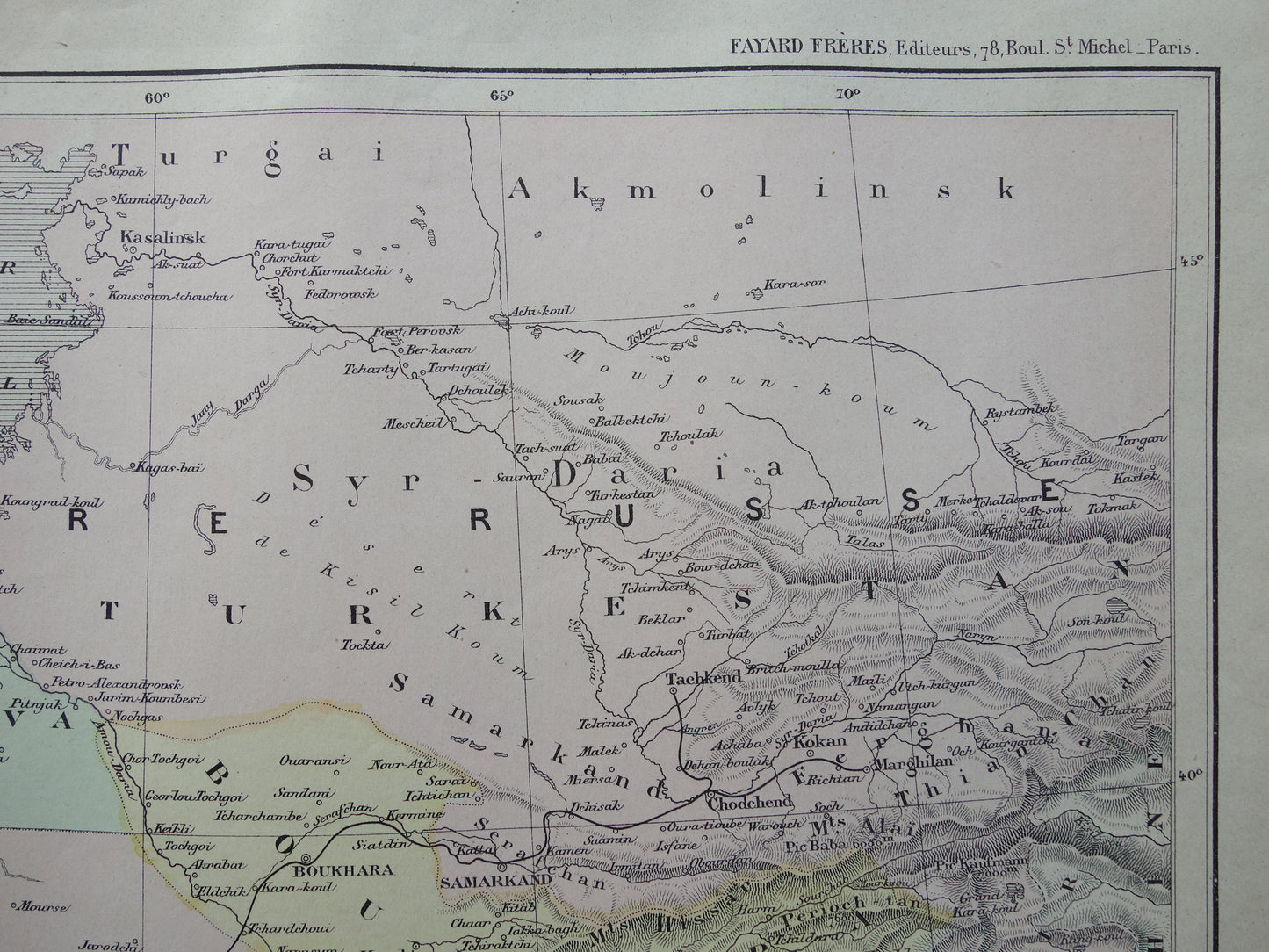 Oude kaart van Aralmeer Kazachstan Oezbekistan uit 1896 originele Franse antieke landkaart Aralmeer