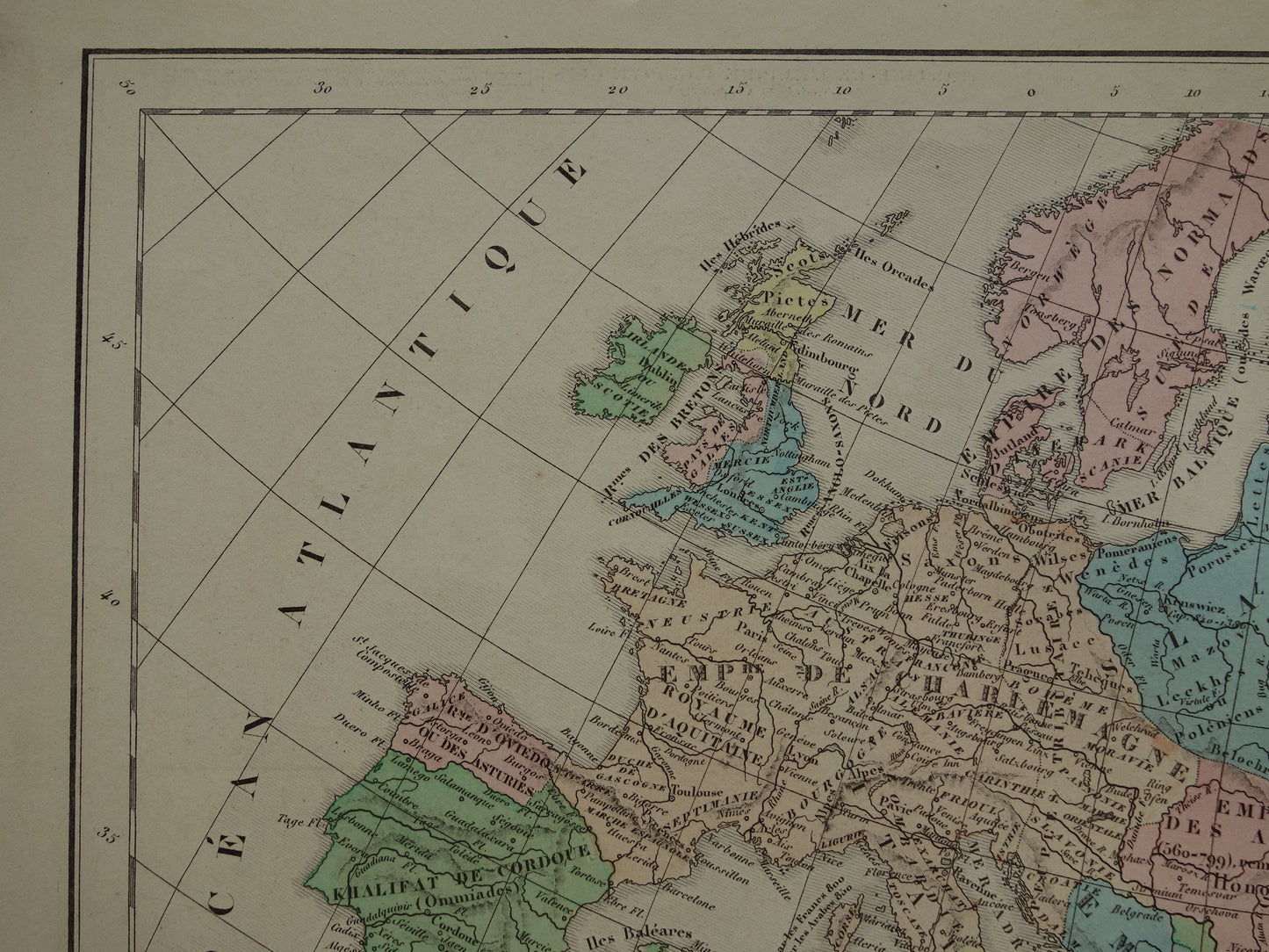 Oude kaart van het Karolingische en Arabische Rijk / Originele antieke landkaart Europa Midden-Oosten Noord-Afrika in 7e & 8e eeuw n. Chr.