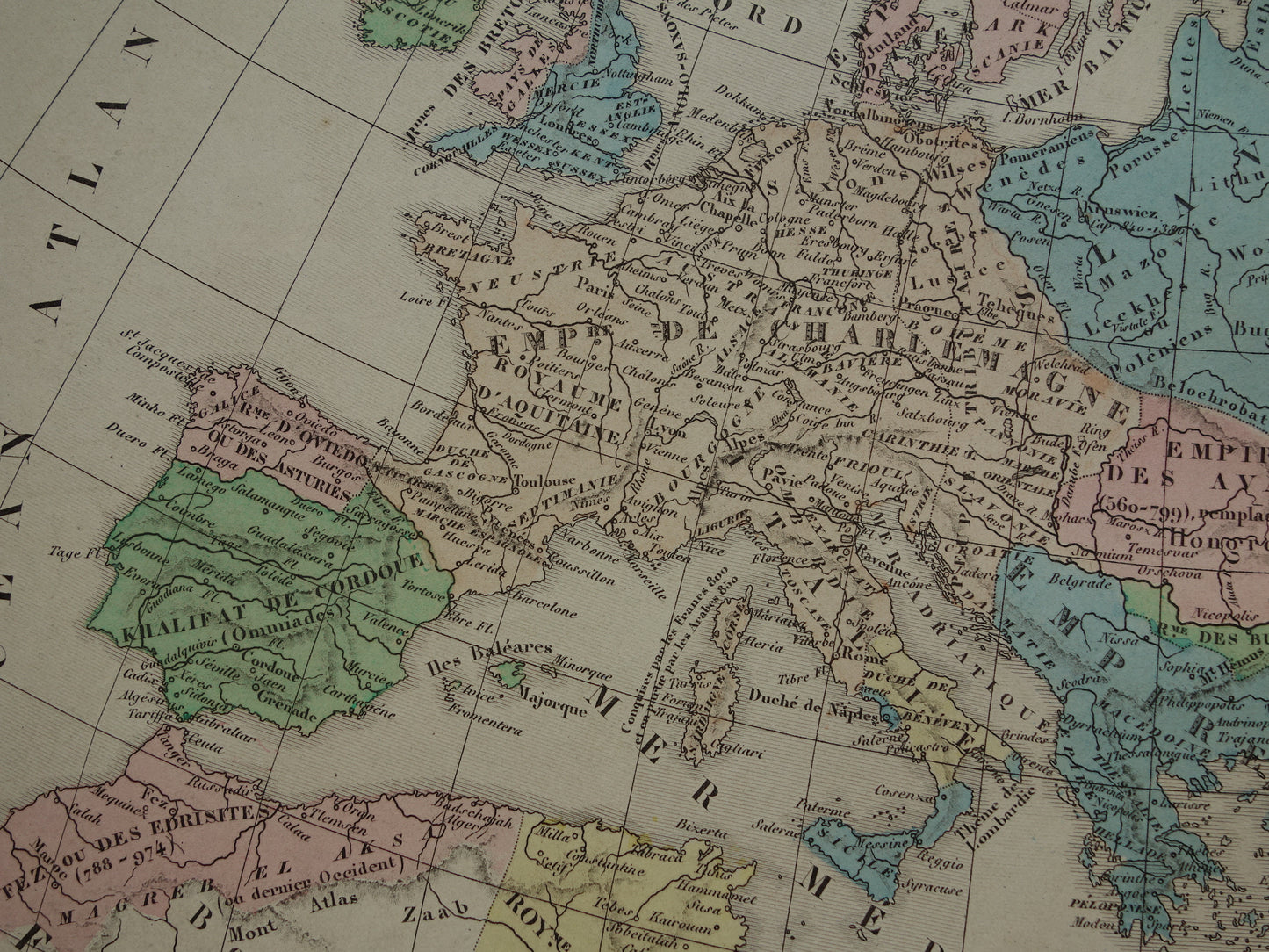 Oude kaart van het Karolingische en Arabische Rijk / Originele antieke landkaart Europa Midden-Oosten Noord-Afrika in 7e & 8e eeuw n. Chr.