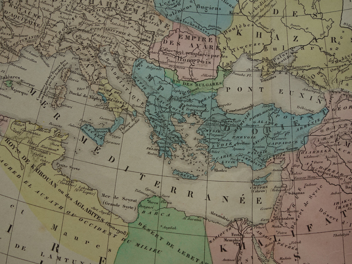 Oude kaart van het Karolingische en Arabische Rijk / Originele antieke landkaart Europa Midden-Oosten Noord-Afrika in 7e & 8e eeuw n. Chr.