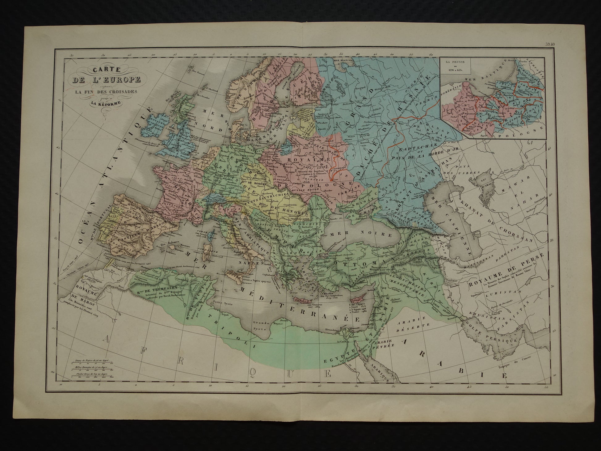 EUROPA in de 14e en 15e eeuw oude kaart uit 1859 van Noord-Afrika Europa Midden-Oosten antieke Franse landkaart geschiedeniskaart