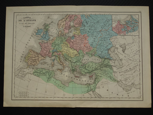 EUROPA in de 14e en 15e eeuw oude kaart uit 1859 van Noord-Afrika Europa Midden-Oosten antieke Franse landkaart geschiedeniskaart