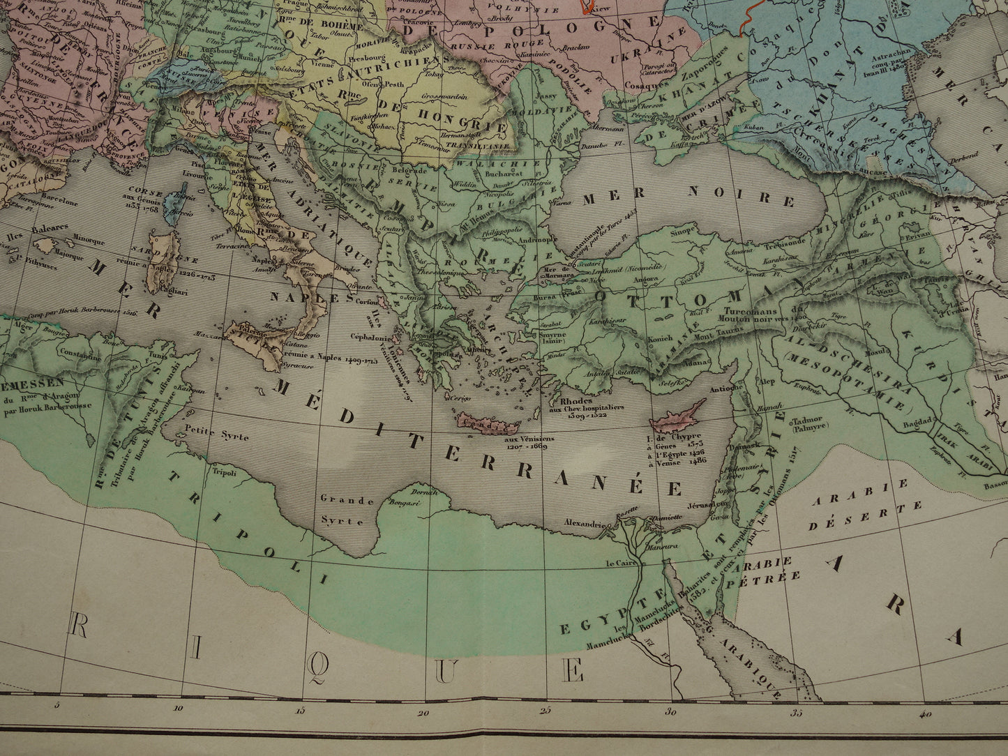 EUROPA in de 14e en 15e eeuw oude kaart uit 1859 van Noord-Afrika Europa Midden-Oosten antieke Franse landkaart geschiedeniskaart