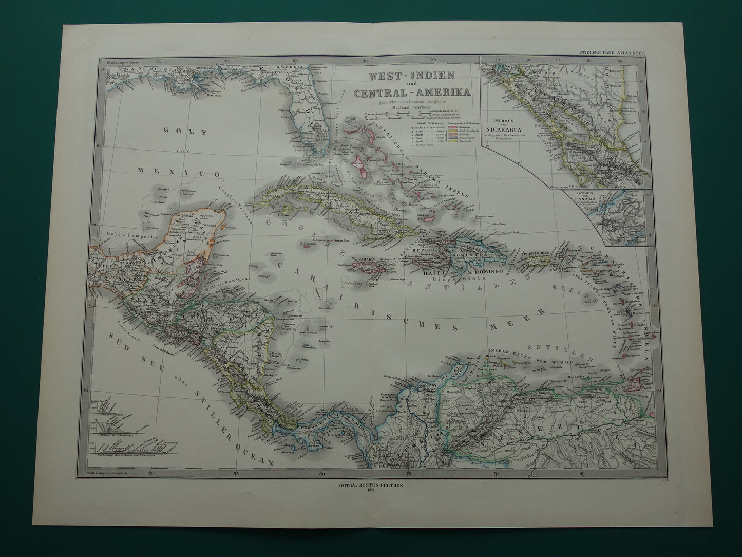 Oude landkaart van het Caribisch gebied Originele antieke kaart Caraïben Caraïbische eilanden en Centraal-Amerika