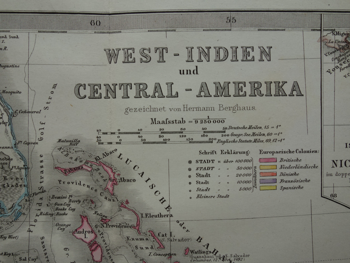 Oude landkaart van het Caribisch gebied Originele antieke kaart Caraïben Caraïbische eilanden en Centraal-Amerika
