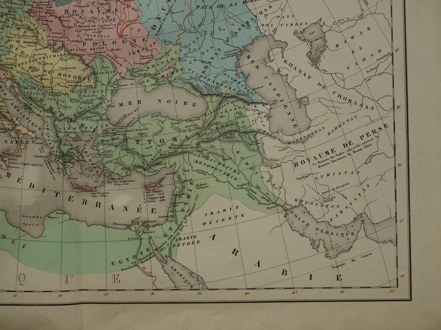 EUROPA in de 14e en 15e eeuw oude kaart uit 1859 van Noord-Afrika Europa Midden-Oosten antieke Franse landkaart geschiedeniskaart