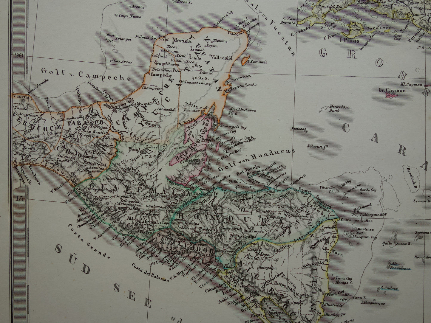 Oude landkaart van het Caribisch gebied Originele antieke kaart Caraïben Caraïbische eilanden en Centraal-Amerika