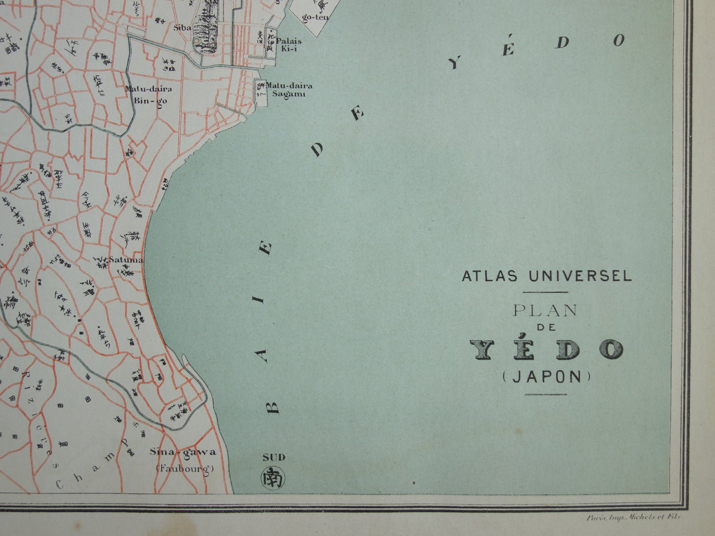 TOKIO Großer alter Stadtplan von Tokio Japan 1896 originale antike französische Karte Yedo