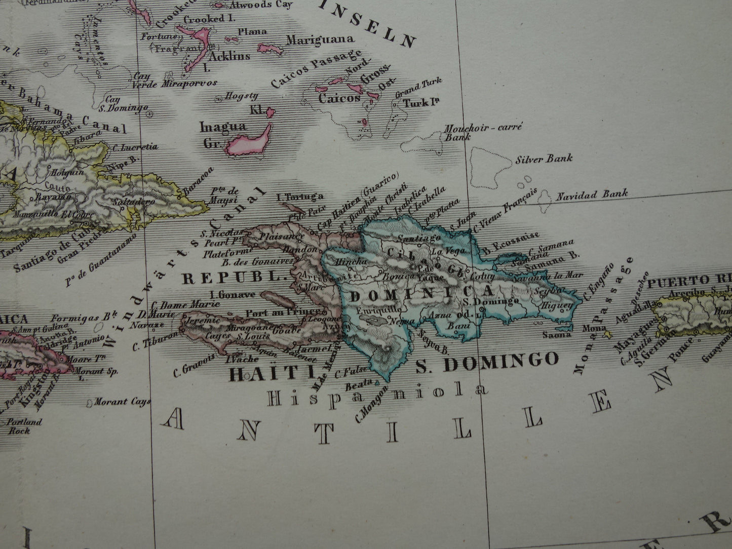 Oude landkaart van het Caribisch gebied Originele antieke kaart Caraïben Caraïbische eilanden en Centraal-Amerika
