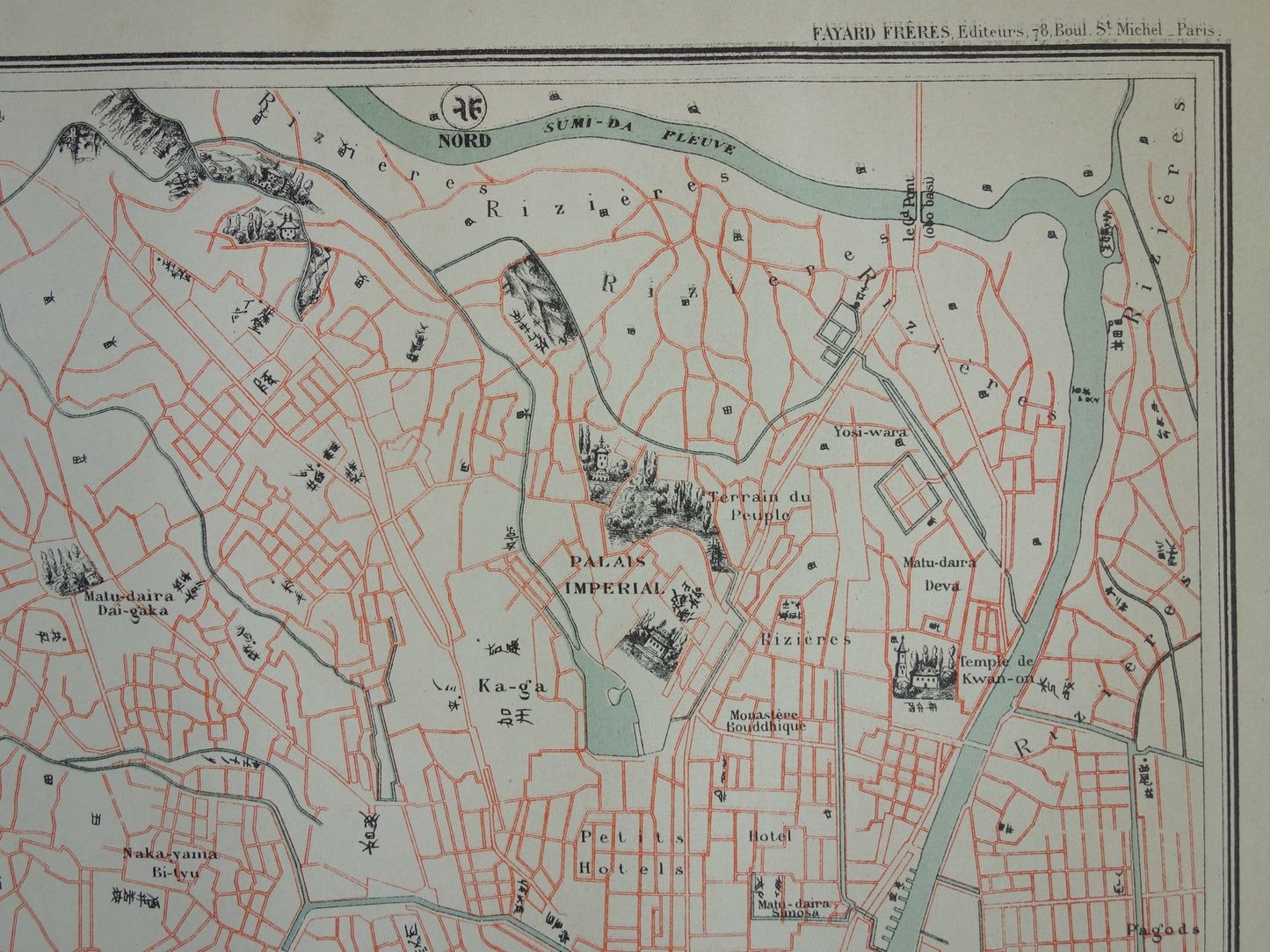 TOKIO Großer alter Stadtplan von Tokio Japan 1896 originale antike französische Karte Yedo