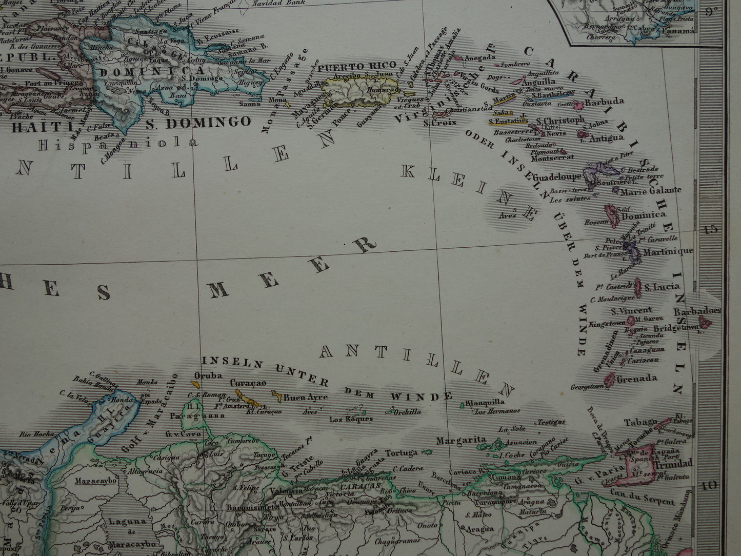 Oude landkaart van het Caribisch gebied Originele antieke kaart Caraïben Caraïbische eilanden en Centraal-Amerika