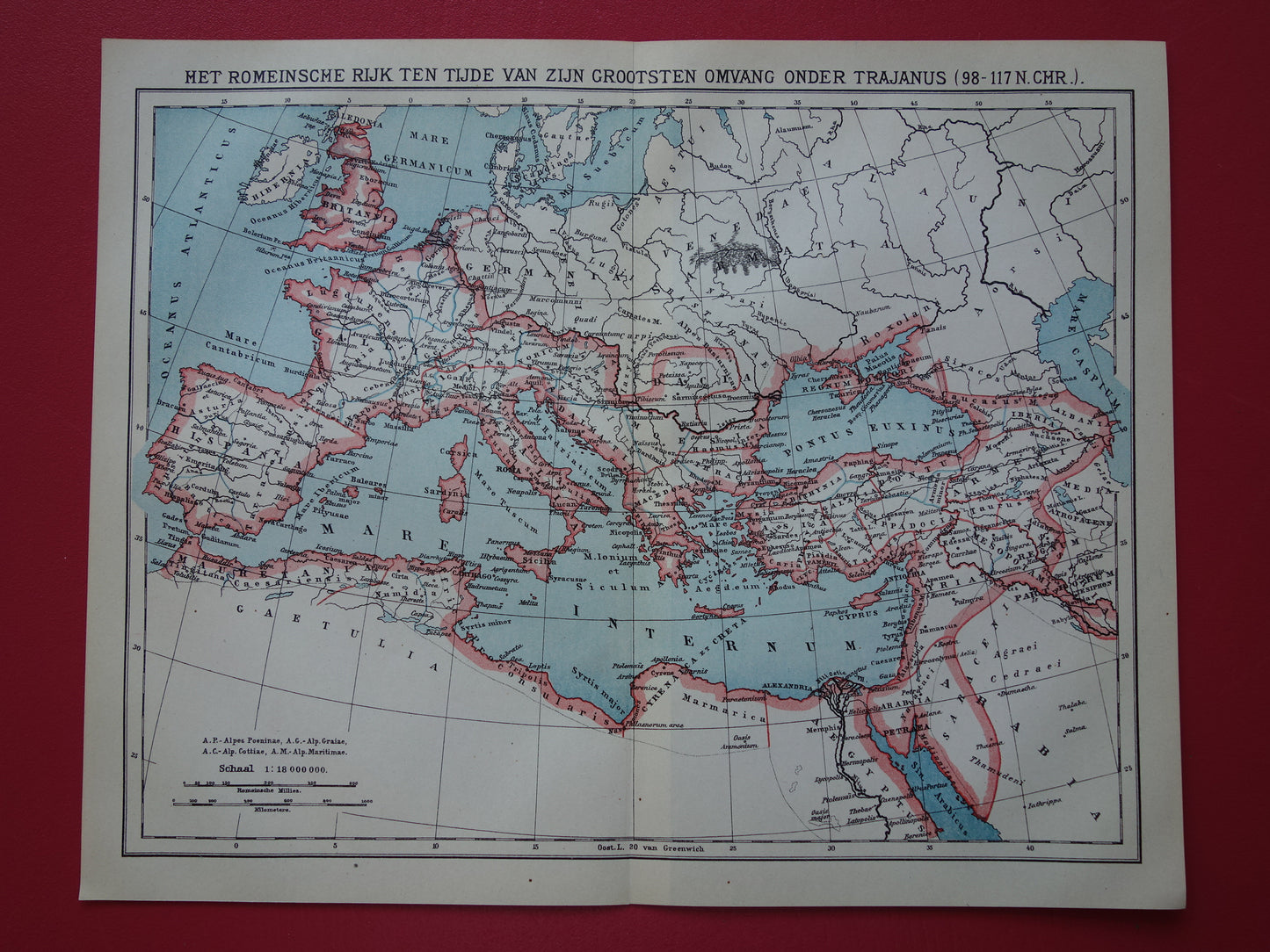 Romeinse Rijk vintage Nederlandse kaart uit 1921 van het Romeinse Rijk originele oude historische landkaart