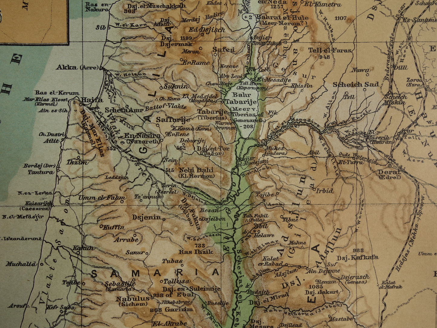 Oude landkaart van Israël Libanon Palestina Syrië uit 1910 originele Nederlandse antieke kaart Jeruzalem Juda